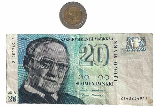 20 Markkaa 1993 Finlands Bank Suomen Pankki Banknote & ‘93 Suomi Finland 10 Coin