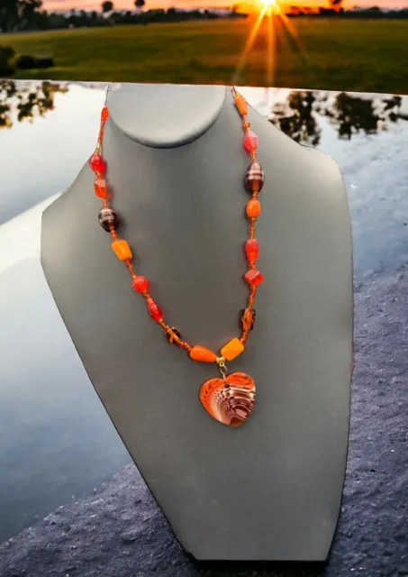 Vintage Necklace Bohemian Boho Orange Art Glass Beaded Heart Pendant 20”