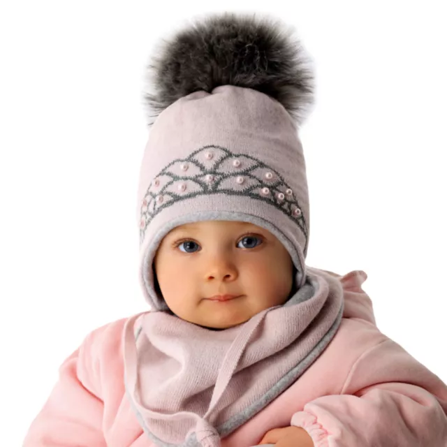 AJS Baby Mädchen Kinder Mütze Winterset Wintermütze Bommelmütze Halstuch Wolle