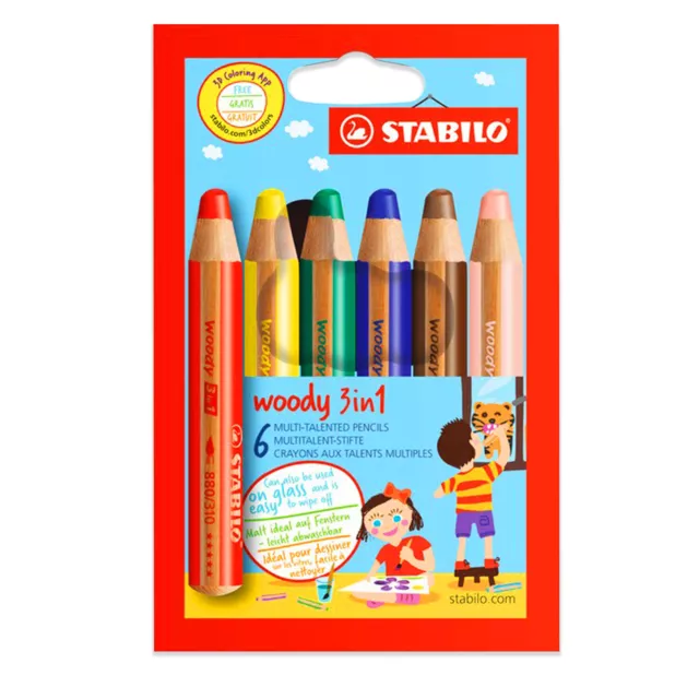 Stabilo Woody 3 IN 1 Super Jumbo Stifte - Etui Von 6 Verschiedene Farben