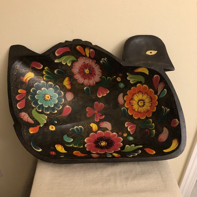Wooden Bowl, Hand Painted Floral Bird