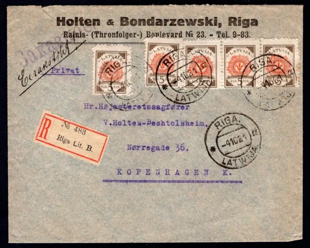 LATVIA 1921 Registered Cover to Denmark. Ex Bill Apsit