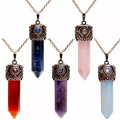 Antique Brass Hexagonal Prism Gemstone Quartz Pendant Necklace Healing Crystal