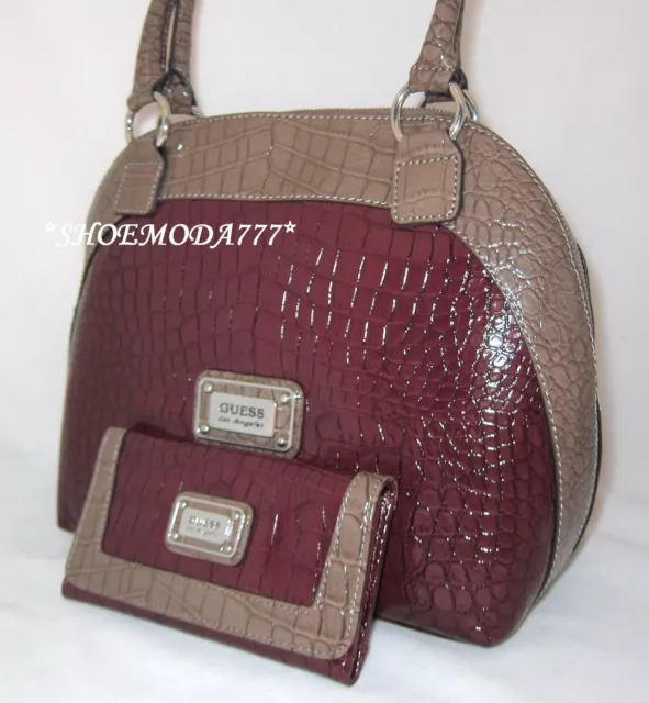 GUESS Carla Dome Satchel Bag Purse Handbag Wallet Set Stone Taupe Plum Black New