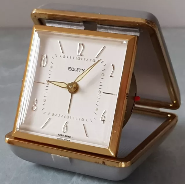 Vintage EQUITY Travel Alarm Clock. Mechanical, Manual Wind Up, Foldable Case