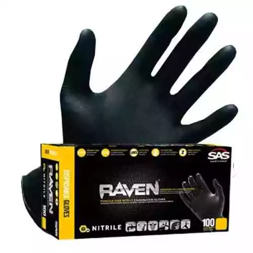 SAS Raven Black Nitrile Gloves Powder Free Large Medium & XL New 7mil! Version