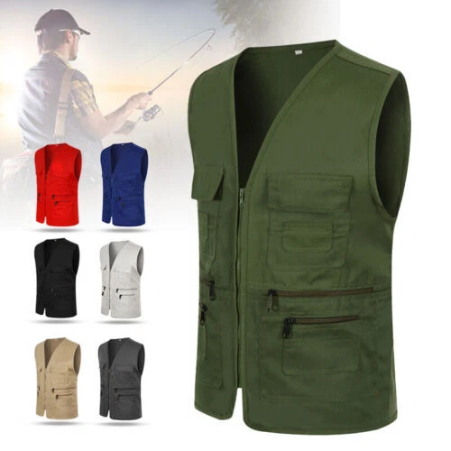 Mens Casual Cargo Vest Utility Fishing Hiking work Coat Multi Pocket Waistcoat