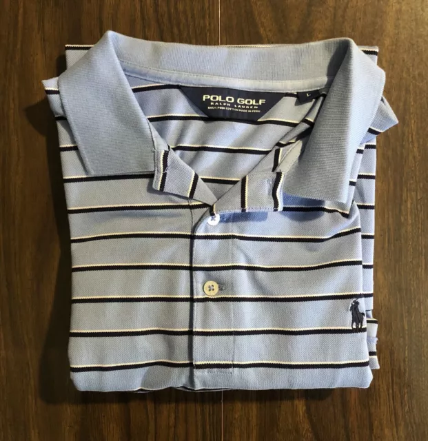 Ralph Lauren Polo Golf Shirt Mens L Blue & Navy Striped Pima Cotton Short Sleeve