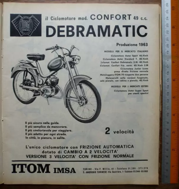 Pubblicità ciclomotore DEBRAMATIC CONFORT 49 CC - ITOM IMSA - TORINO  - 9/1963