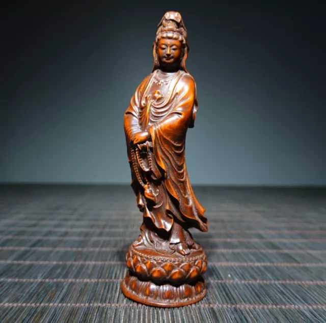 Chines Buddhism Boxwood Wood GuanYin Kwan-yin Hand-carved Exquiste Buddha Statue