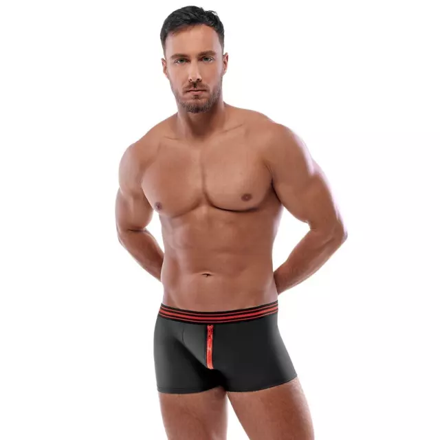 Pantaloni uomo neri opachi wetlook sexy mutande strette biancheria intima zip rosso ""Luca 2