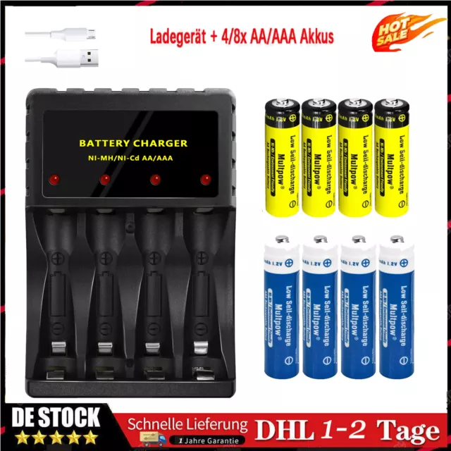 4 Slot USB Akku Ladegerät +4/8x NiMH Akkus AA/AAA 2600mAh 1,2V Batterieladegerät