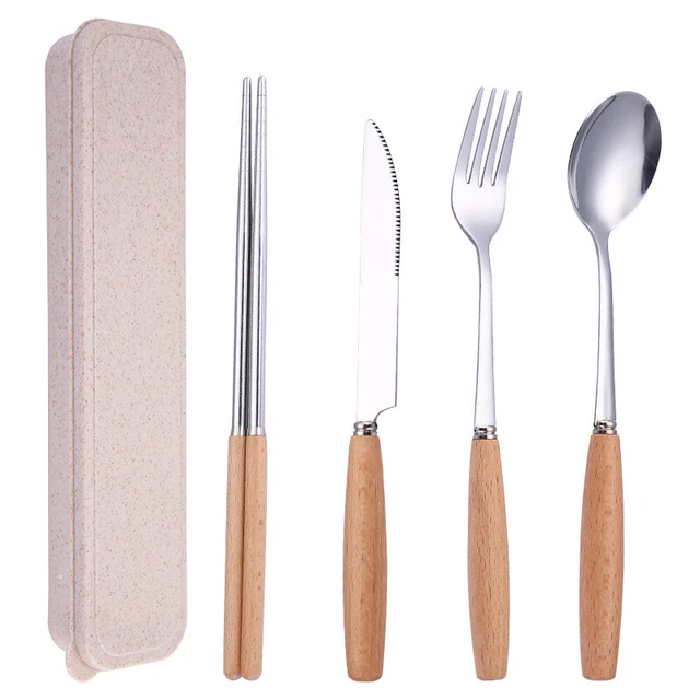 Set di utensili portatili con custodia 4 pezzi manico in legno set posate riutilizzabili 9579
