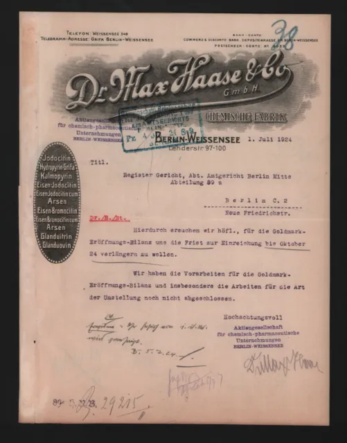 BERLIN-WEISSENSEE, Brief 1924, Dr. Max Haase & Co. GmbH Chemische Fabrik