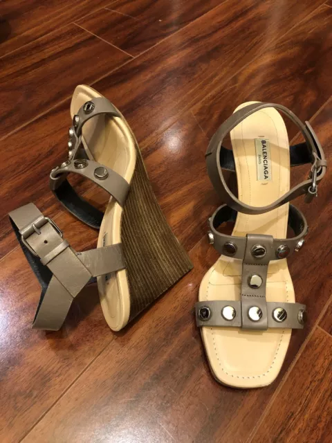 BALENCIAGA Shoes 39.5 Wedge High Heel Sandals Taupe Leather Silver Stud Hardware