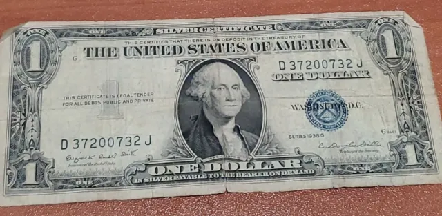 1935-G U.S. $1 Silver Certificate Bill Note - Blue Seal - You Grade