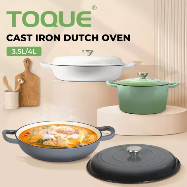 Toque Enamel Dutch Oven Cast Iron Frying Pan Casserole Pot Slow Cook Lid 3.5L 4L