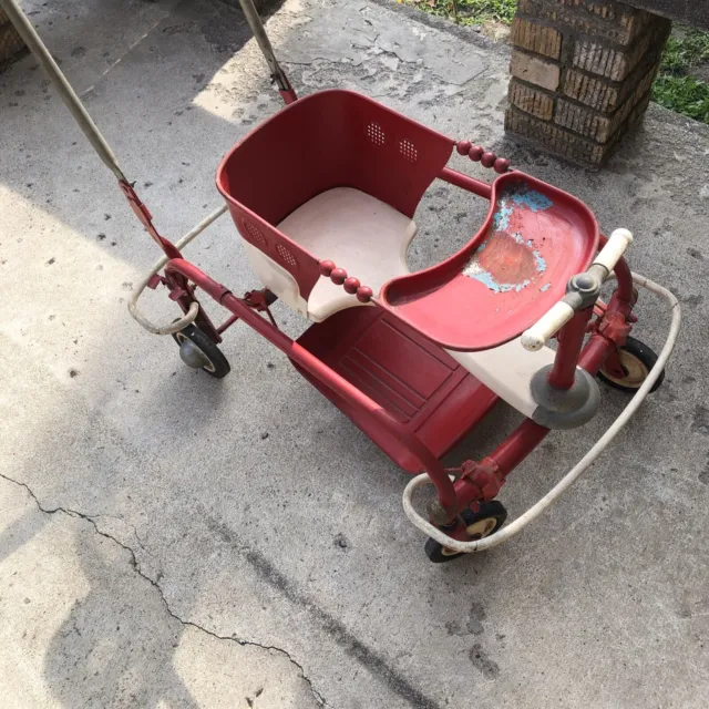 1940s 1950s Metal Play Stroller!Spring Seat!wooden Seat, Rolls Easily