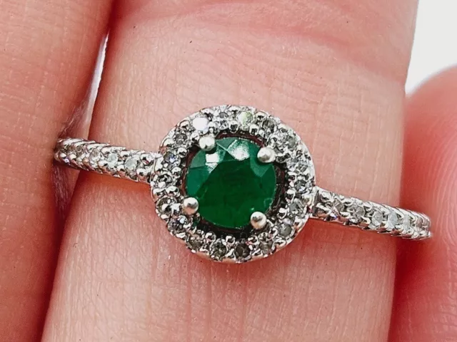 Vintage Emerald and diamond halo ring 9ct white gold diamond shoulder