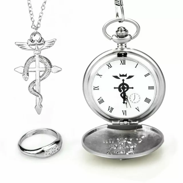 Full Metal Alchemist Pocket Watch Necklace Ring Edward Elric Anime Cosplay Gift 3