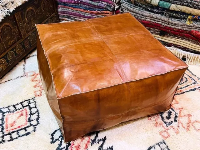 Moroccan Leather Ottoman Pouffe Genuine Brown Handcrafted Un-Stuffed 30''