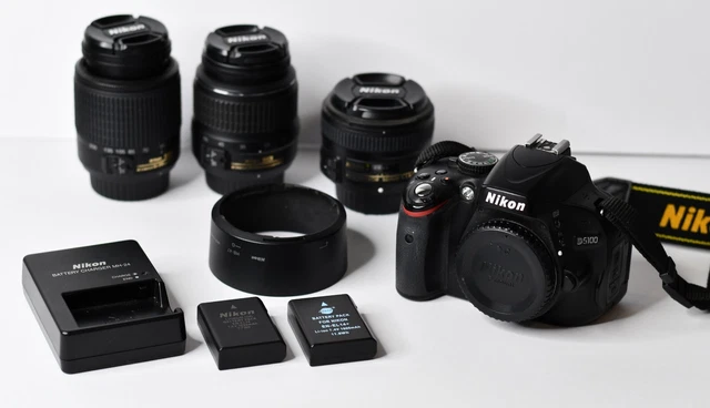 Nikon D5100 16.2MP DSLR Digital, Camera Body, 3 Lenses, 2 Batteries + Charger