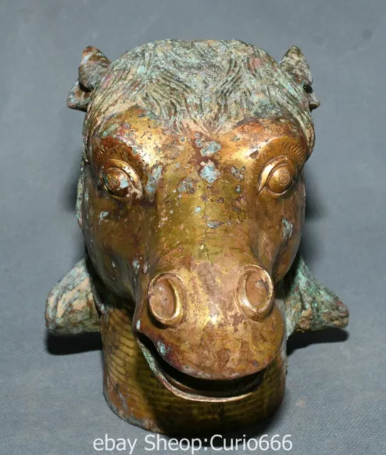 5.9'' Old Chinese Bronze Ware Gold Fengshui 12 Zodiac Horse Head Animal Statue