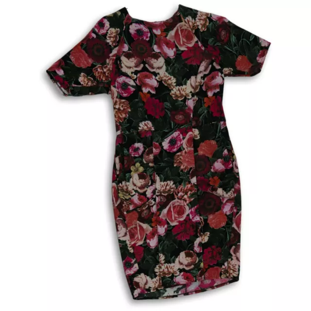 Asos Womens Black Floral Short Sleeve Crew Neck Back Zip Bodycon Dress Size 6