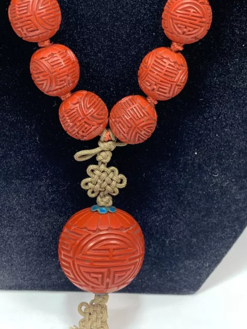 Very Large old antique Chinese cinnabar carved SHOU beads necklace 2