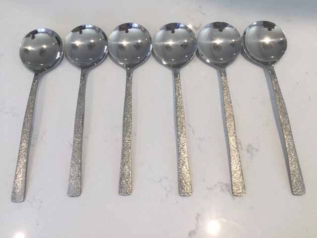 6 X VINTAGE GERALD BENNEY VINERS STUDIO TEXTURED BARK SOUP SPOONS-20cm B