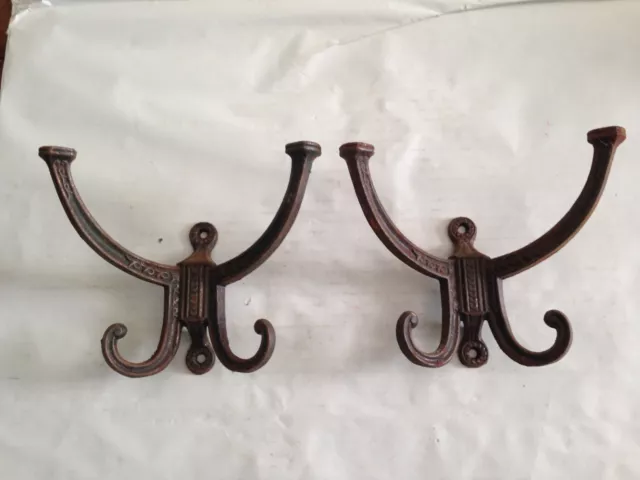 Pair of Antique Cast Iron Victorian Eastlake Coat Hat Rack Hooks Wall Mount