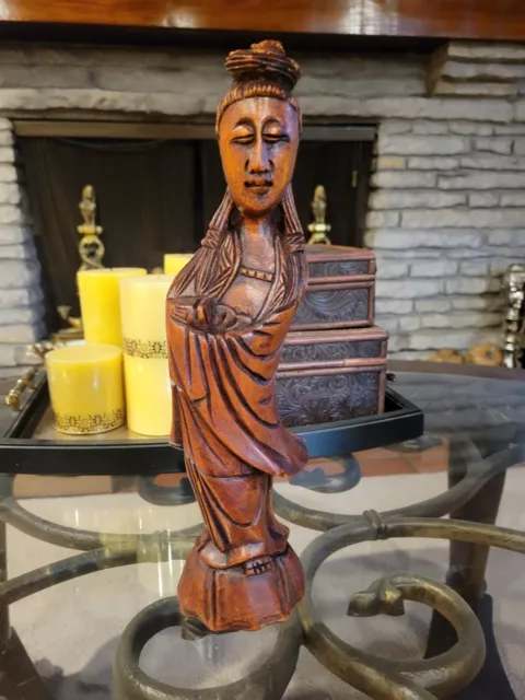 Vintage 12" Wood Hand Carved Kwan Yin Goddess of Mercy Statue Figure Beautiful!
