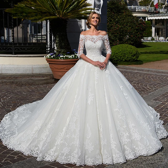 Elegant Ball Wedding Dresses Boat Neck Luxury Chapel Train Lace Princess Gowns