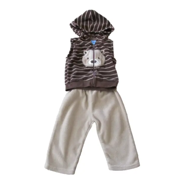 Carters Baby Boy Hooded Vest Pants Bear Outfit 6-9M Brown Striped 2pc Infant