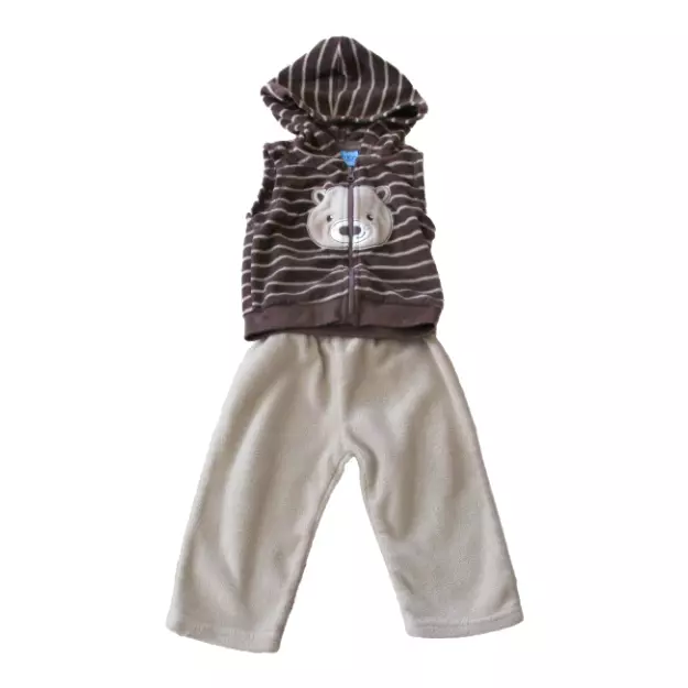 Carters Baby Infant Boy Hooded Vest Pants Bear Outfit 6-9M Brown Striped 2pc