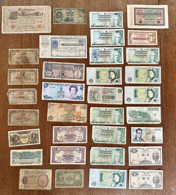 Mixed World Bank Notes Job Lot X34 British, German, WWII