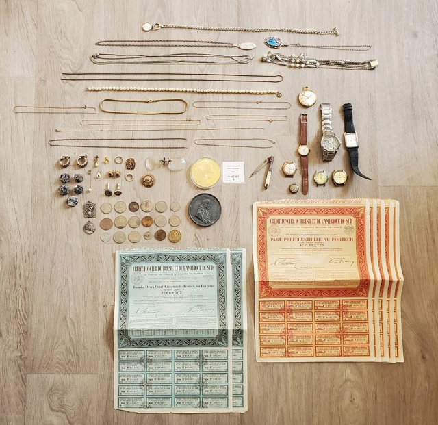Lot Bijoux Anciens Montres Anciennes Plaquées Or Médailles Pièces de monnaie
