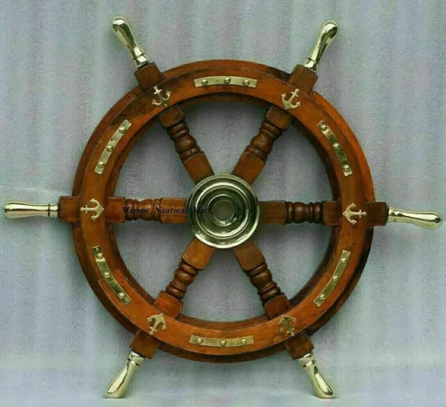 18"Nautical Wooden Ship Steering Wheel Pirate Wood Brass Fishing Wall Decorative