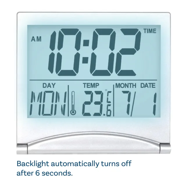 Reloj Despertador Digital LCD Alarma de Viaje Plegable con Luz de Fondo - Plata 2