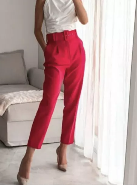 Zara HIGH WAISTED PANTS WITH FABRIC COVERED BELT size S Ref. 4387