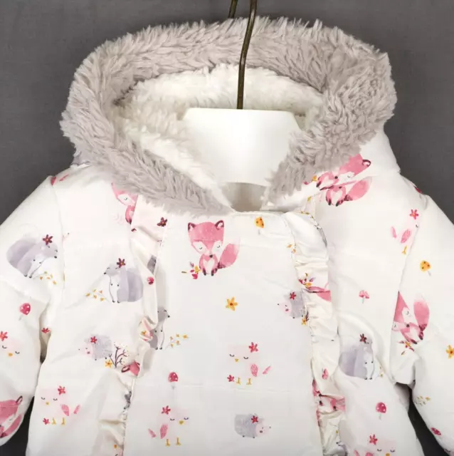 George Snowsuit Baby Girl 3-6 months White Forest Animal Print All in One Hood