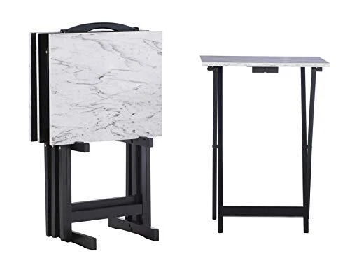 Set of 4 TV Tray Snack Table W/ Stand Wood Folding Portable Desk Faux Marble Top
