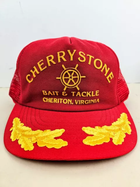 Vintage USA MADE Cherrystone Fishing Bait Tackle Puffy Trucker Hat Snapback Cap