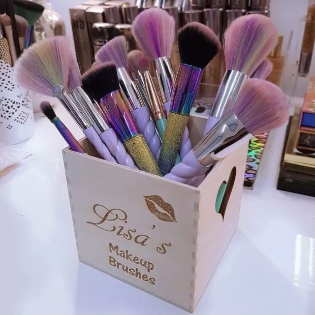 Personalised make up brush holder Engraved Cosmetics Wooden Pot