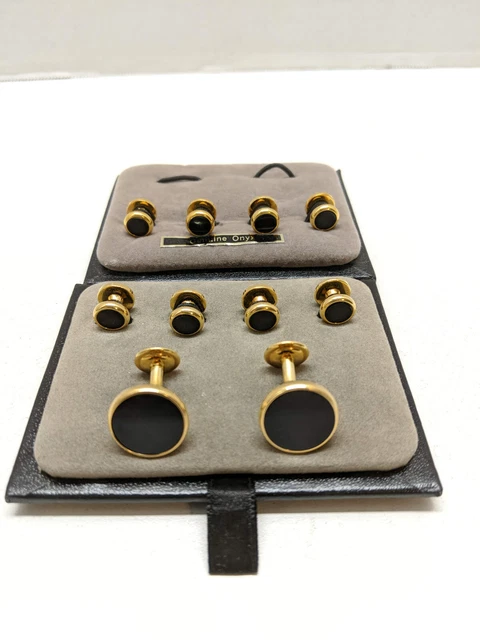 Genuine Onyx & Gold Tone Tuxedo Shirt Studs and Matching Cufflinks