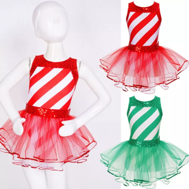 Kids Girls Sequins Striped Dance Dress Mesh Tutu Skirt Christmas Party Costumes