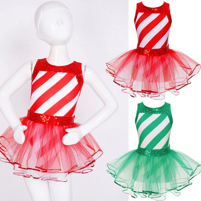 Kids Girls Sequins Striped Dance Dress Mesh Tutu Skirt Christmas Party Costumes