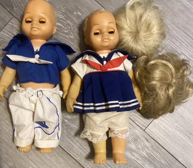 VTG 1962 Mattel Tiny Chatty Cathy Brother & Sister Blonde Bald Doll w/wigs AS IS