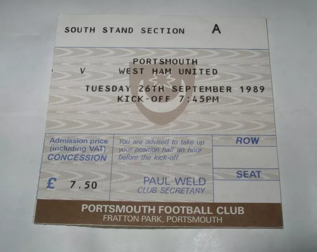 1989 PORTSMOUTH v WEST HAM UNITED Football Ticket