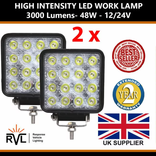 12V 24V 2 Bright Square 48W LED Work Lamp Flood Light Tractor Recovery Truck Van